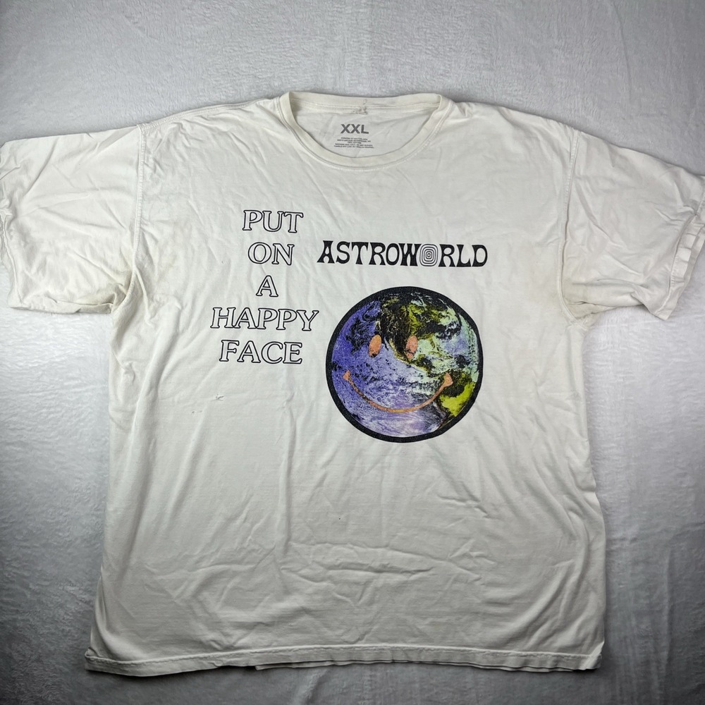 Travis Scott Astroworld Happy Face T Shirt Mens 2XL White Graphic Print Casual